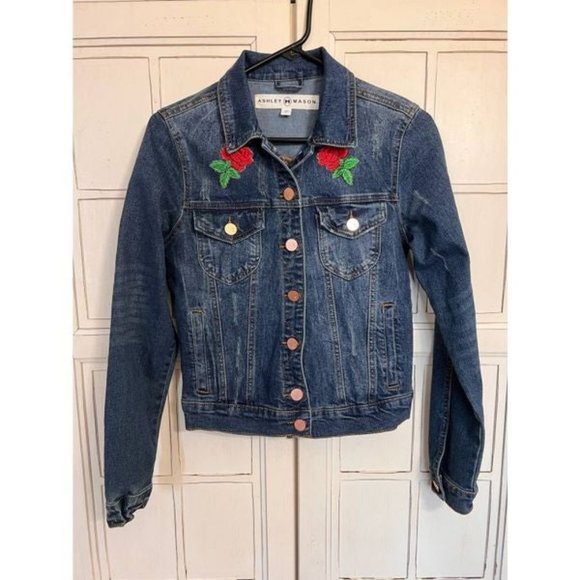 Ashley Mason size small denim jean jacket with roses - Picture 1 of 3